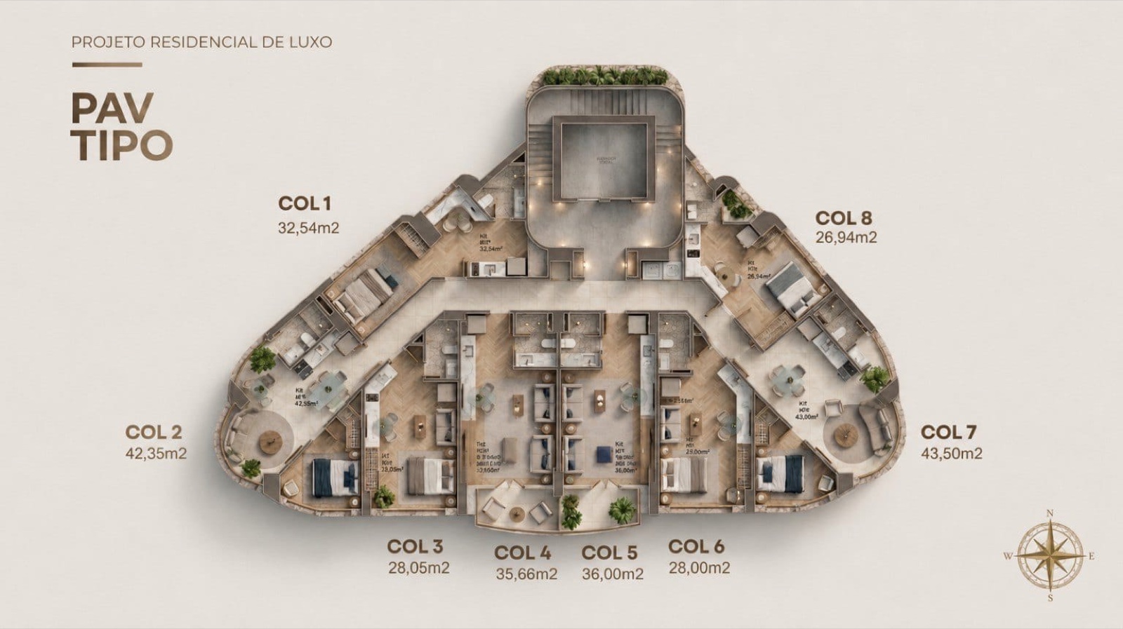 Planta ilustrada do pavimento-tipo com oito colunas